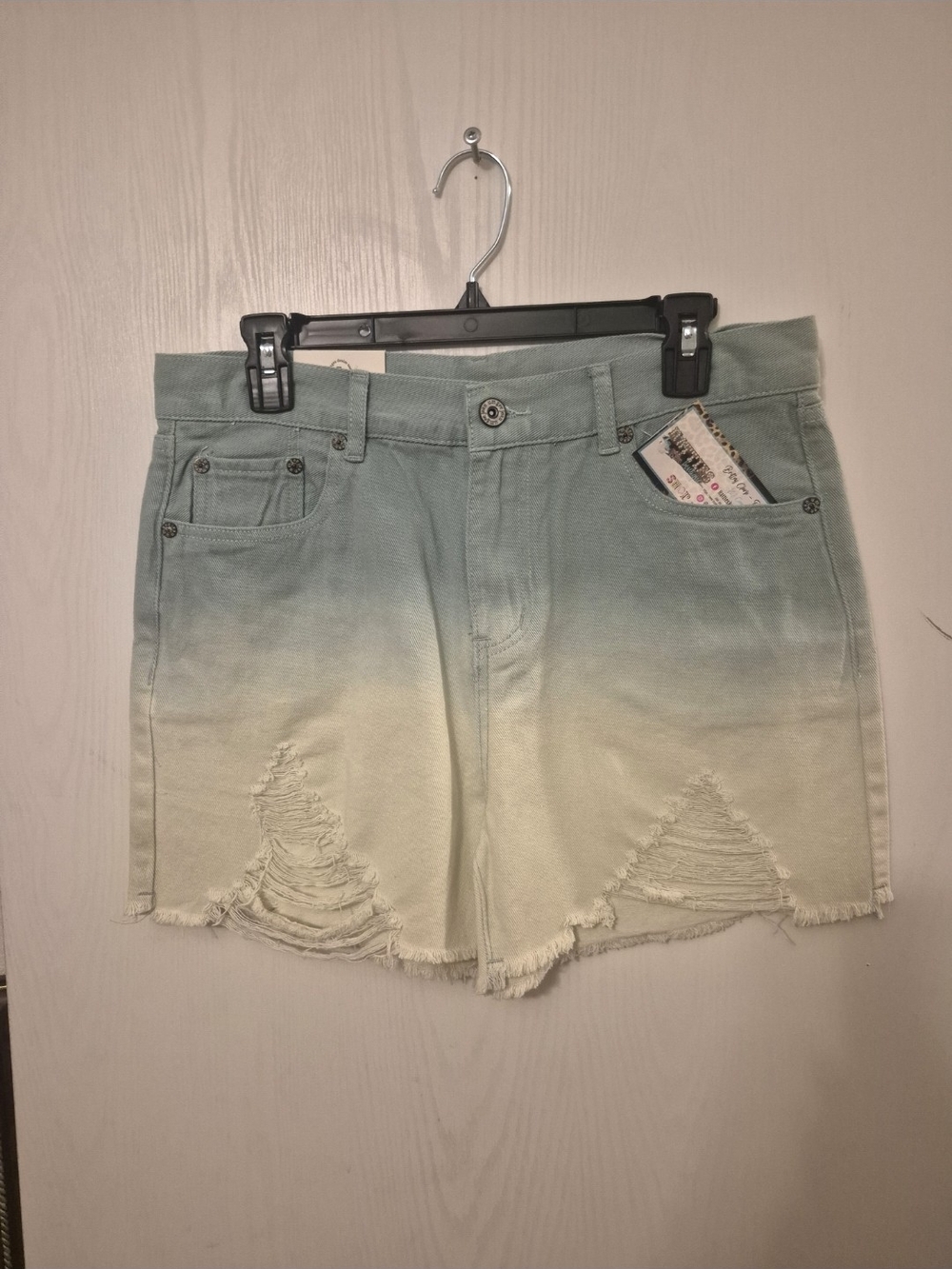 Umgee Ombre Distressed High-Rise Denim Shorts - Light Sage to Cream